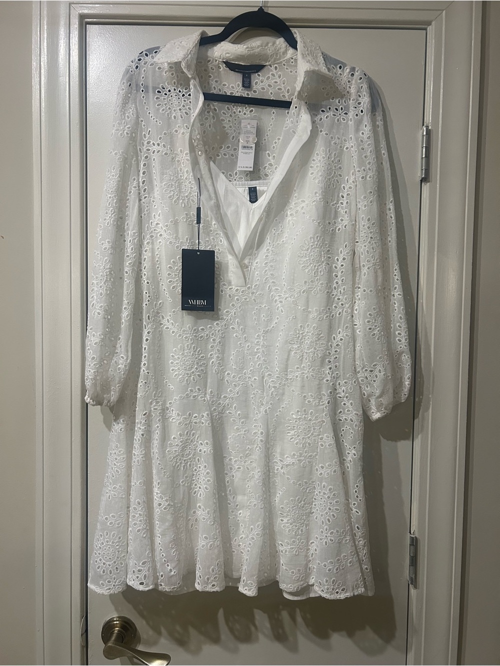 White House Black Market White Eyelet Collared Mini Dress with Scalloped Hem